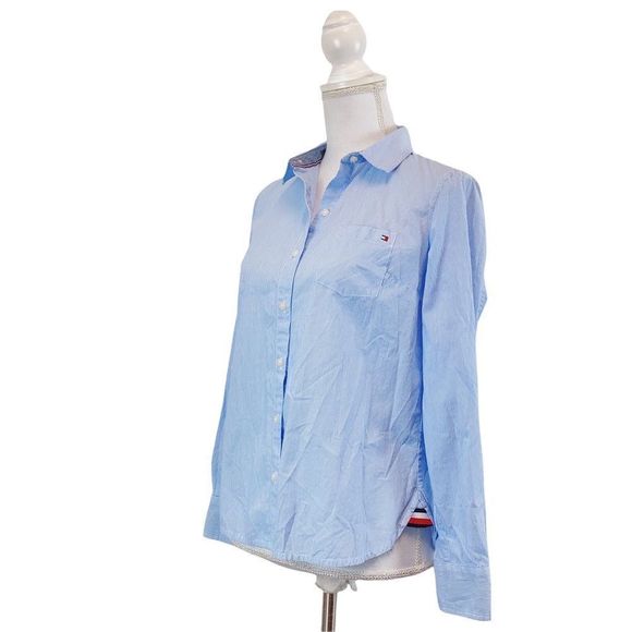 TOMMY HILFOGER Light Blue Pen Stripe Button Down Shirt Sz XS TP 100% Cotton - Picture 3 of 6